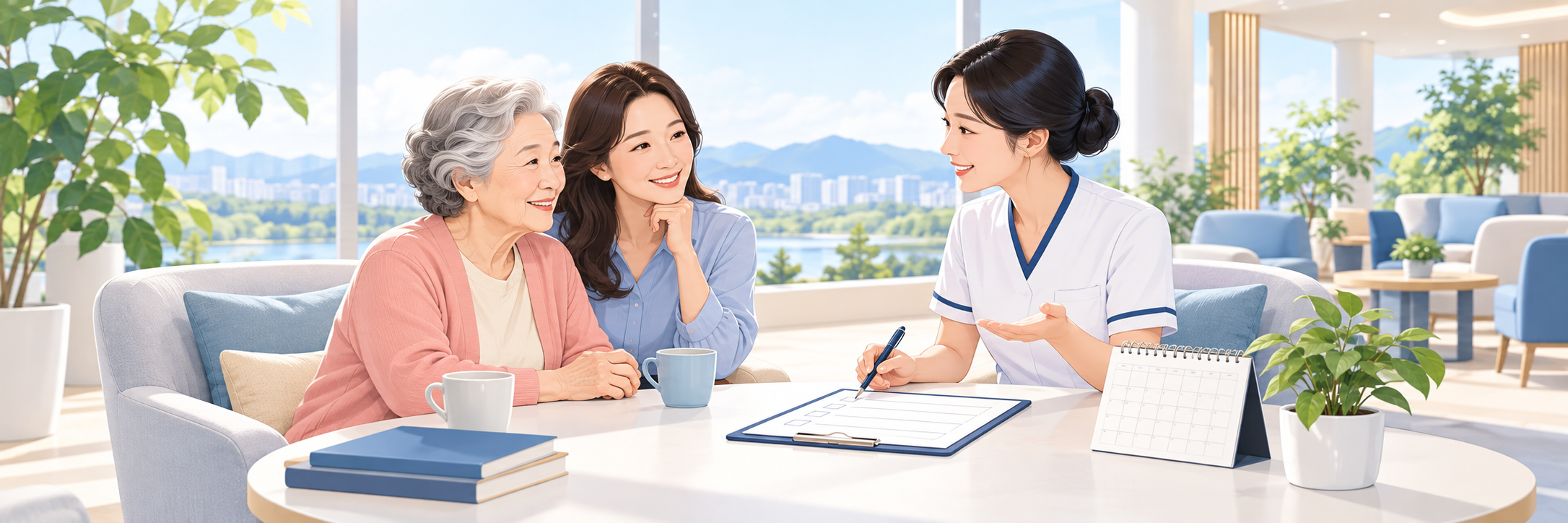 요양병원 입원 준비를 함께 상담하는 가족과 간호사 안내 일러스트